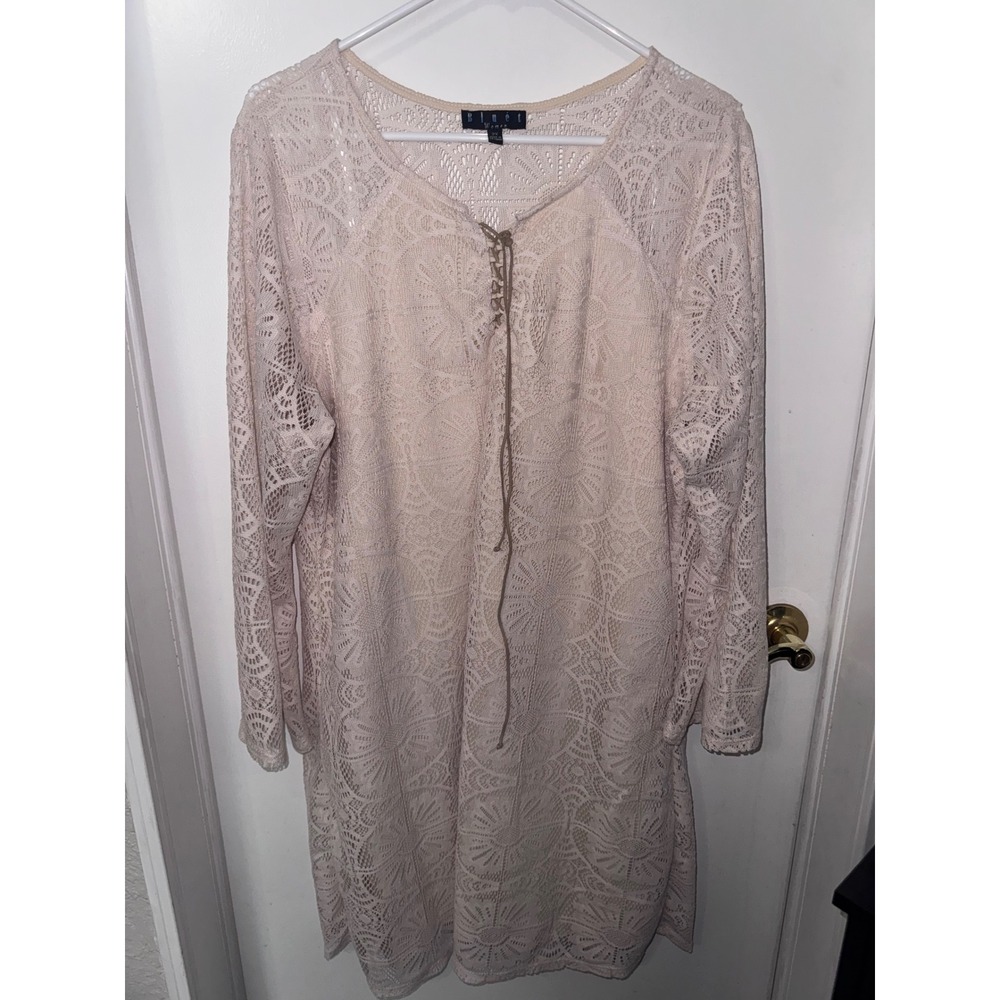 Bluet Women cream Lace Long Sleeve Shift Dress 2X Lace Up Neck Boho 1318-K267RX